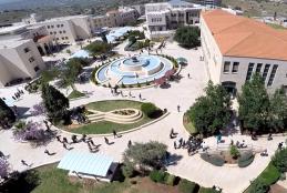 An aerial view of fountain yard at the university