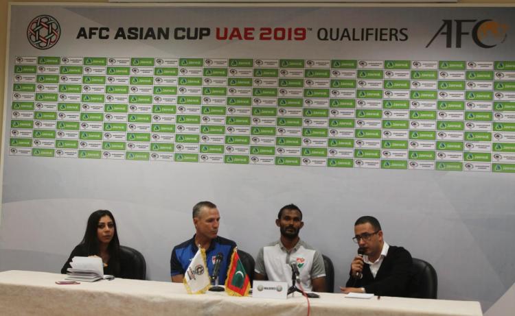 FOOTAGE FROM THE PRESS CONFERENCE FOR PALESTINE AND MALDIVES TEAMS COACHES