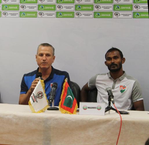 FOOTAGE FROM THE PRESS CONFERENCE FOR PALESTINE AND MALDIVES TEAMS COACHES